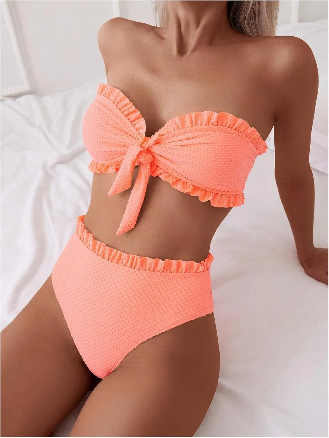 SOLY HUX Women's Ruffle Strapless Bikini Set 2 Piece Bandeau Swimsuit High Waist Bathing Suits