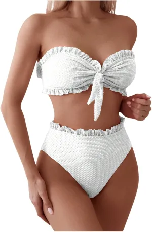 SOLY HUX Women's Ruffle Strapless Bikini Set 2 Piece Bandeau Swimsuit High Waist Bathing Suits