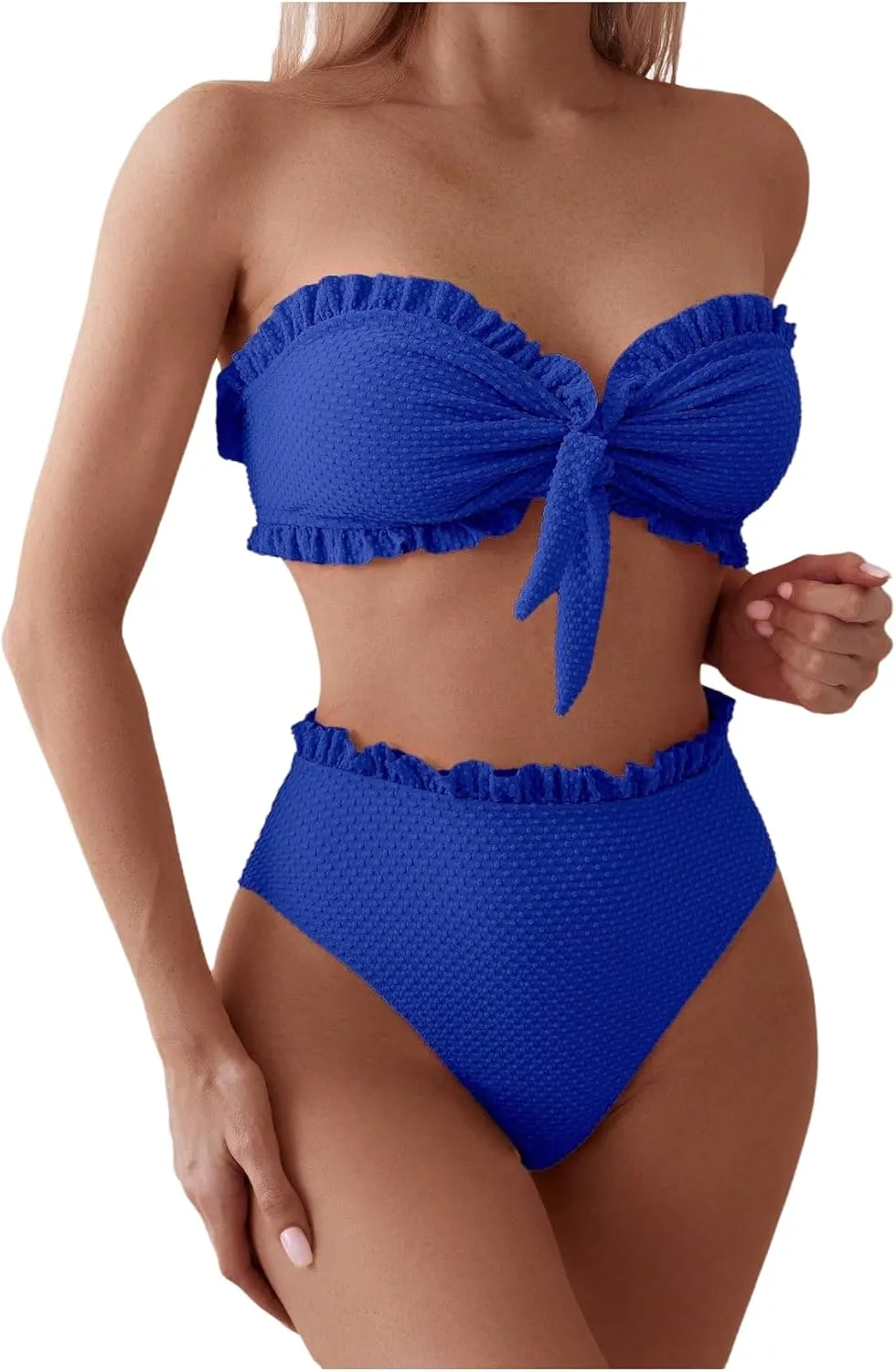 SOLY HUX Women's Ruffle Strapless Bikini Set 2 Piece Bandeau Swimsuit High Waist Bathing Suits