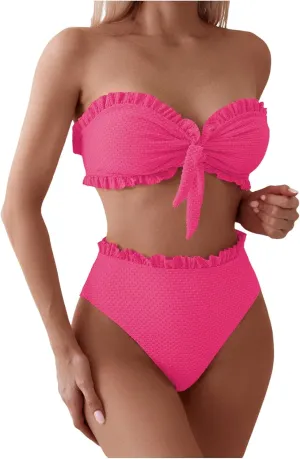SOLY HUX Women's Ruffle Strapless Bikini Set 2 Piece Bandeau Swimsuit High Waist Bathing Suits