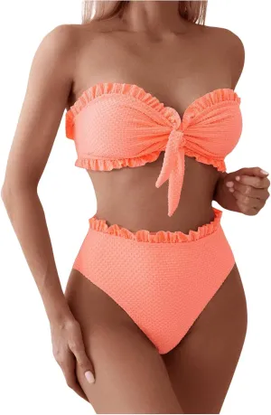 SOLY HUX Women's Ruffle Strapless Bikini Set 2 Piece Bandeau Swimsuit High Waist Bathing Suits