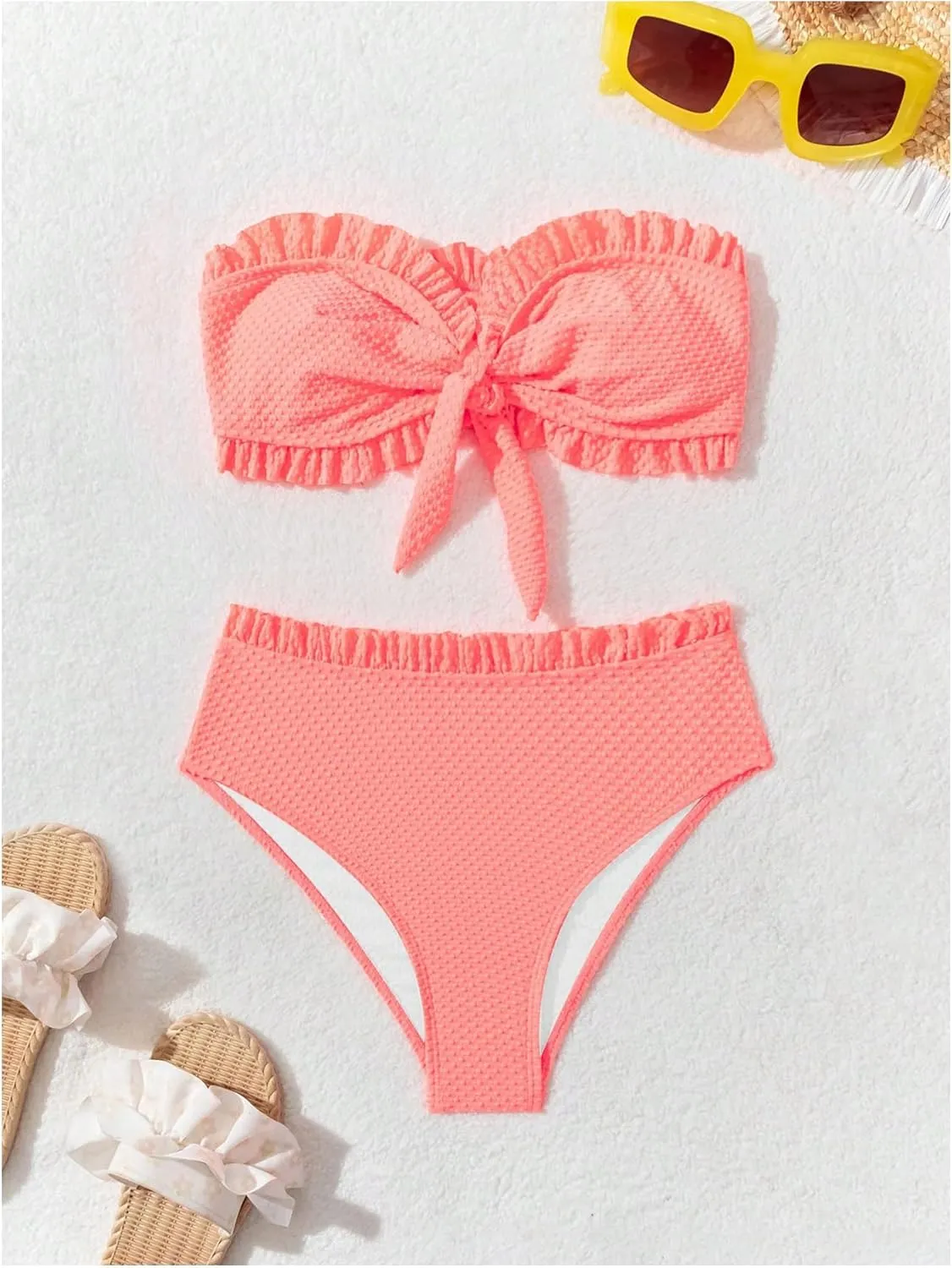 SOLY HUX Women's Ruffle Strapless Bikini Set 2 Piece Bandeau Swimsuit High Waist Bathing Suits