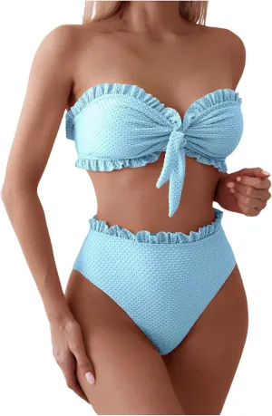 SOLY HUX Women's Ruffle Strapless Bikini Set 2 Piece Bandeau Swimsuit High Waist Bathing Suits