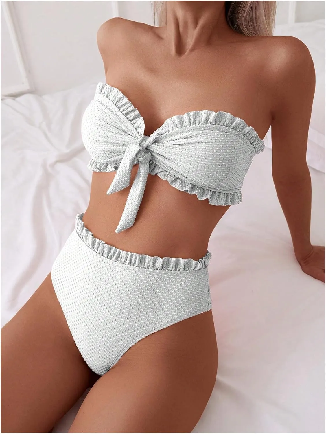 SOLY HUX Women's Ruffle Strapless Bikini Set 2 Piece Bandeau Swimsuit High Waist Bathing Suits