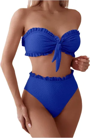 SOLY HUX Women's Ruffle Strapless Bikini Set 2 Piece Bandeau Swimsuit High Waist Bathing Suits