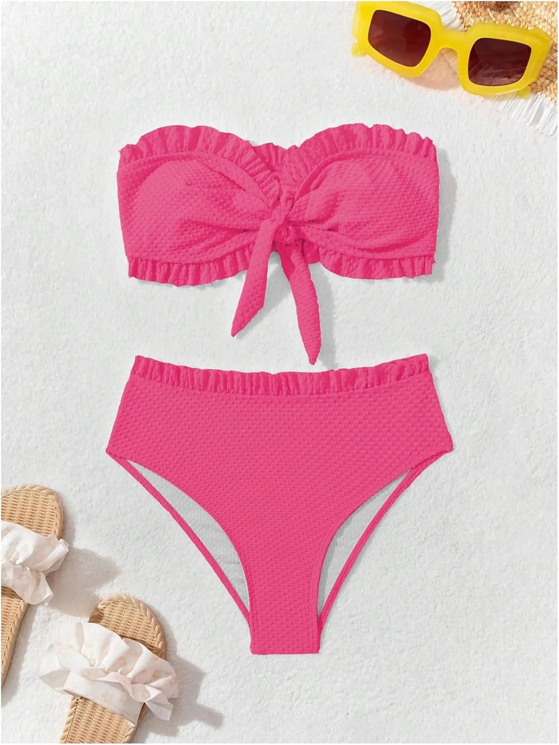 SOLY HUX Women's Ruffle Strapless Bikini Set 2 Piece Bandeau Swimsuit High Waist Bathing Suits