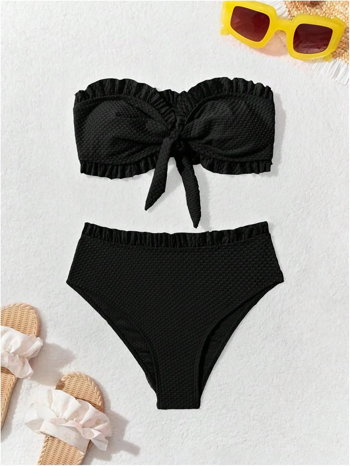 SOLY HUX Women's Ruffle Strapless Bikini Set 2 Piece Bandeau Swimsuit High Waist Bathing Suits