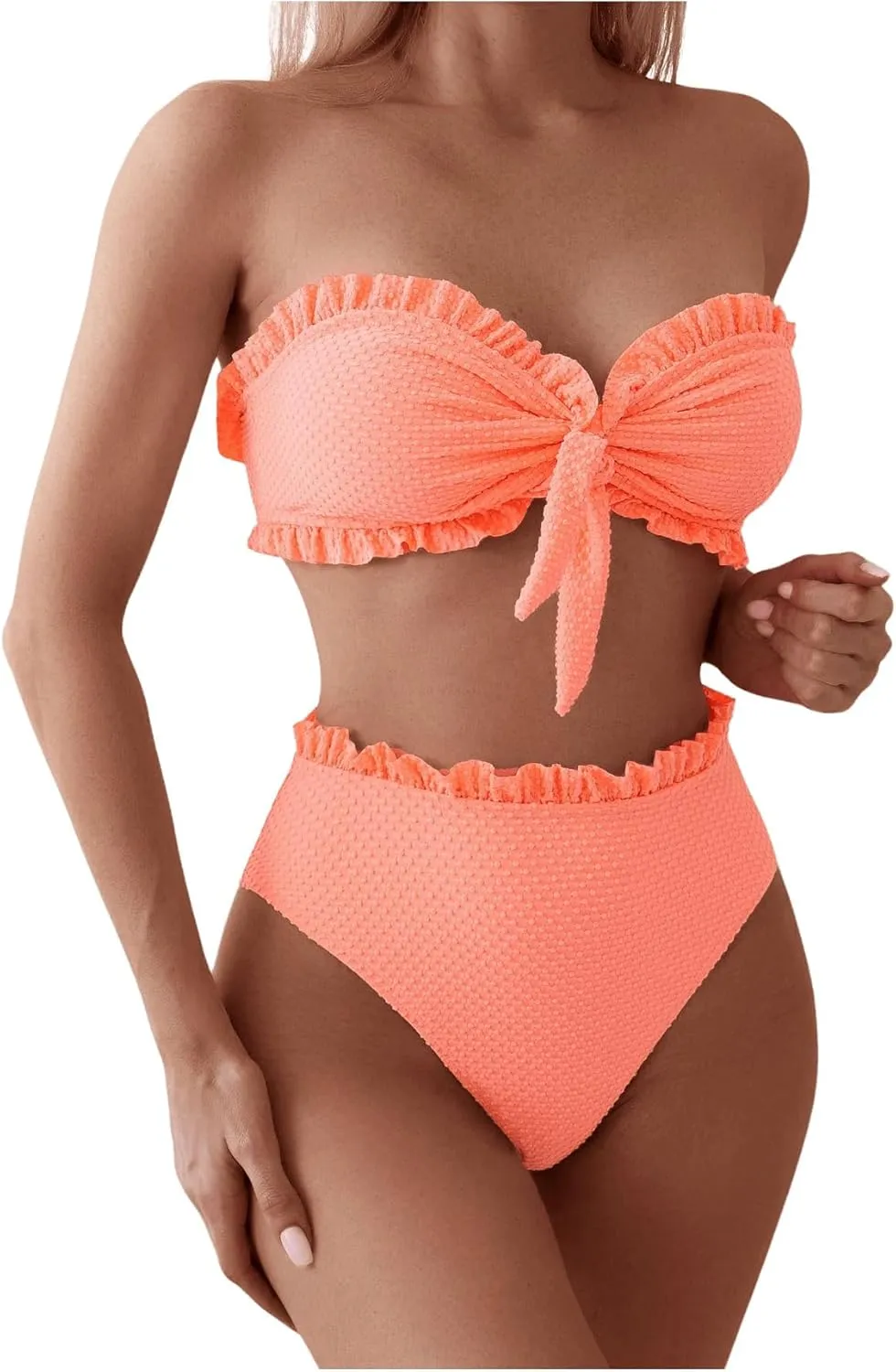 SOLY HUX Women's Ruffle Strapless Bikini Set 2 Piece Bandeau Swimsuit High Waist Bathing Suits