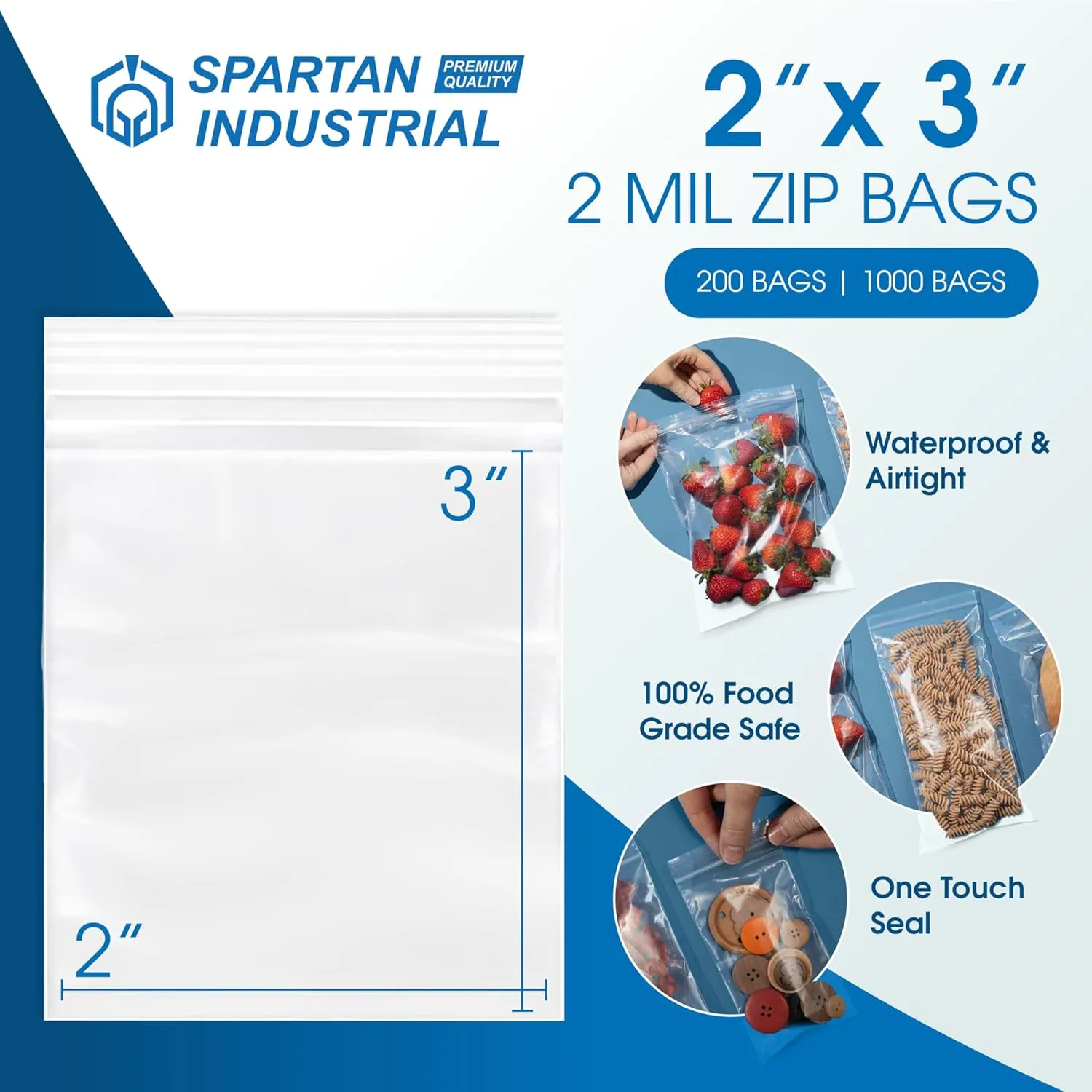 Spartan Industrial - 2 X 3 (1000 Count) 2 Mil Clear Reclosable Zip Plastic Poly Bags with Resealable Lock Seal Zipper
