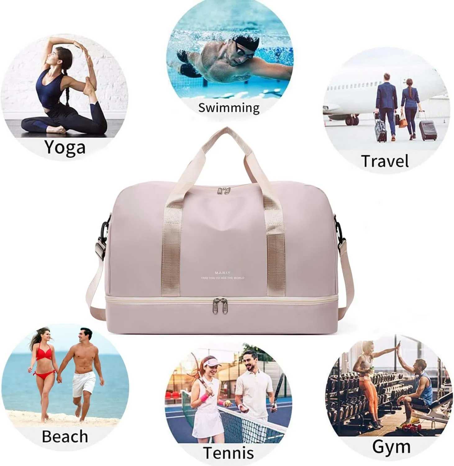 Sports Travel Duffel Bag for Women,Light Gym Bag with Shoe Compartment,Large Capacity Weekender Overnight with Wet Pocket for Lady Travel, Gym, Yoga Beige
