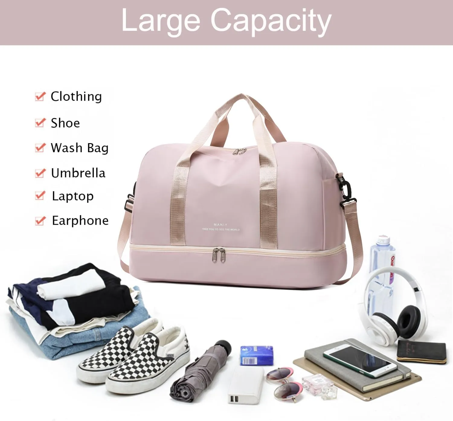 Sports Travel Duffel Bag for Women,Light Gym Bag with Shoe Compartment,Large Capacity Weekender Overnight with Wet Pocket for Lady Travel, Gym, Yoga Beige