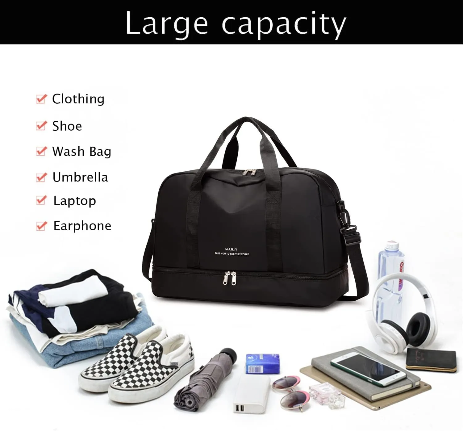 Sports Travel Duffel Bag for Women,Light Gym Bag with Shoe Compartment,Large Capacity Weekender Overnight with Wet Pocket for Lady Travel, Gym, Yoga Black