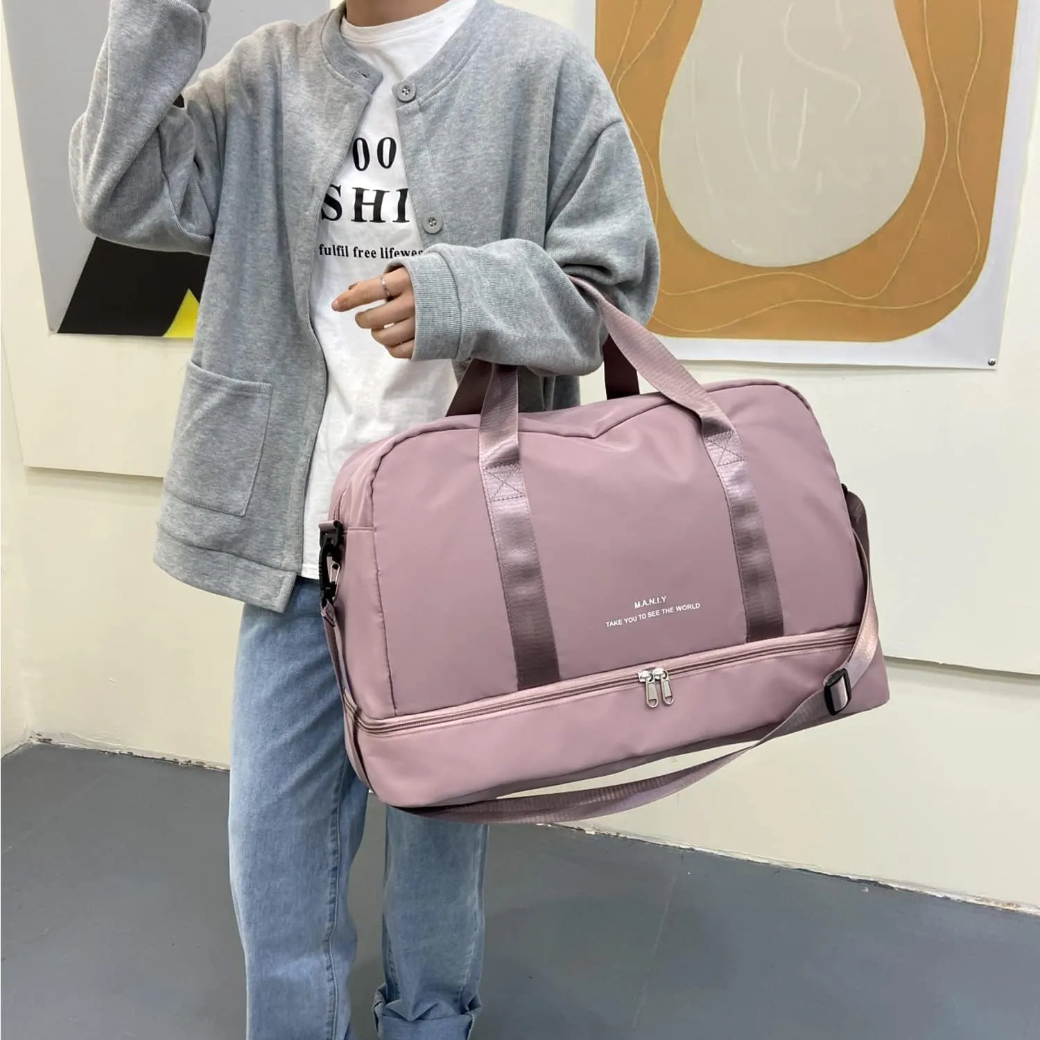 Sports Travel Duffel Bag for Women,Light Gym Bag with Shoe Compartment,Large Capacity Weekender Overnight with Wet Pocket for Lady Travel, Gym, Yoga Pink