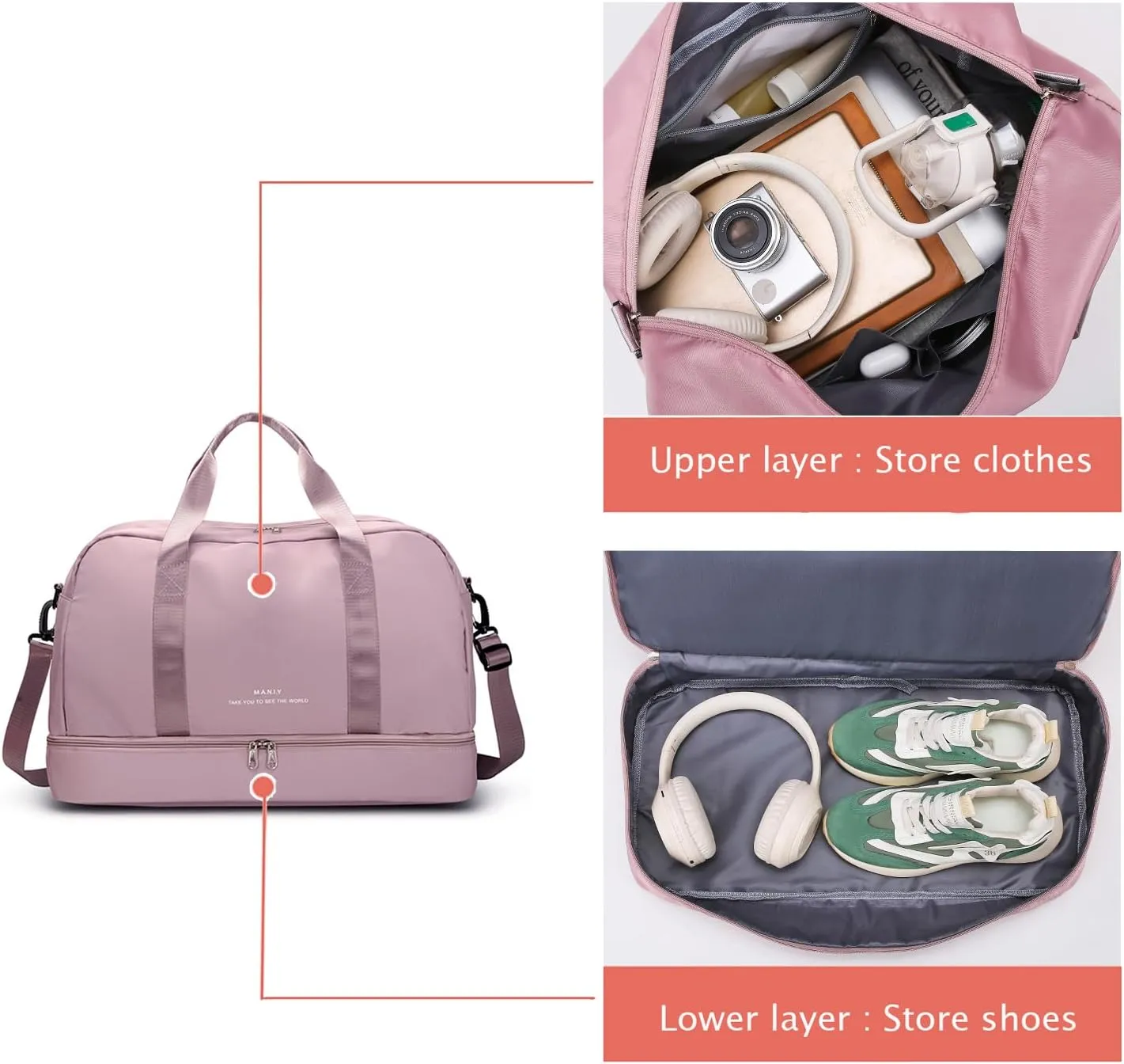 Sports Travel Duffel Bag for Women,Light Gym Bag with Shoe Compartment,Large Capacity Weekender Overnight with Wet Pocket for Lady Travel, Gym, Yoga Pink