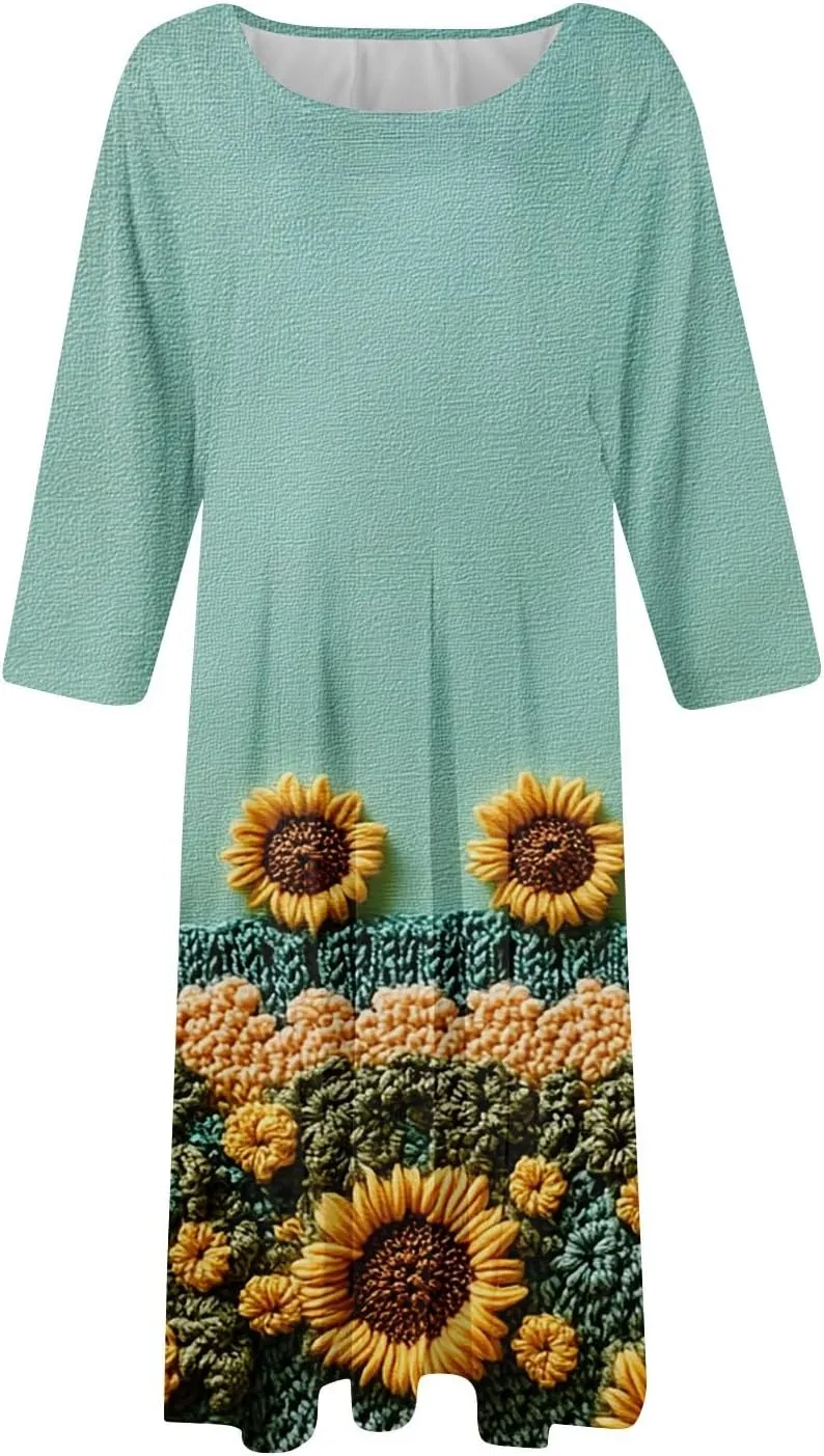 Spring Midi Dresses for Women Casual 3/4 Sleeve Dress Plus Size Cocktail Floral Dresses with Pockets