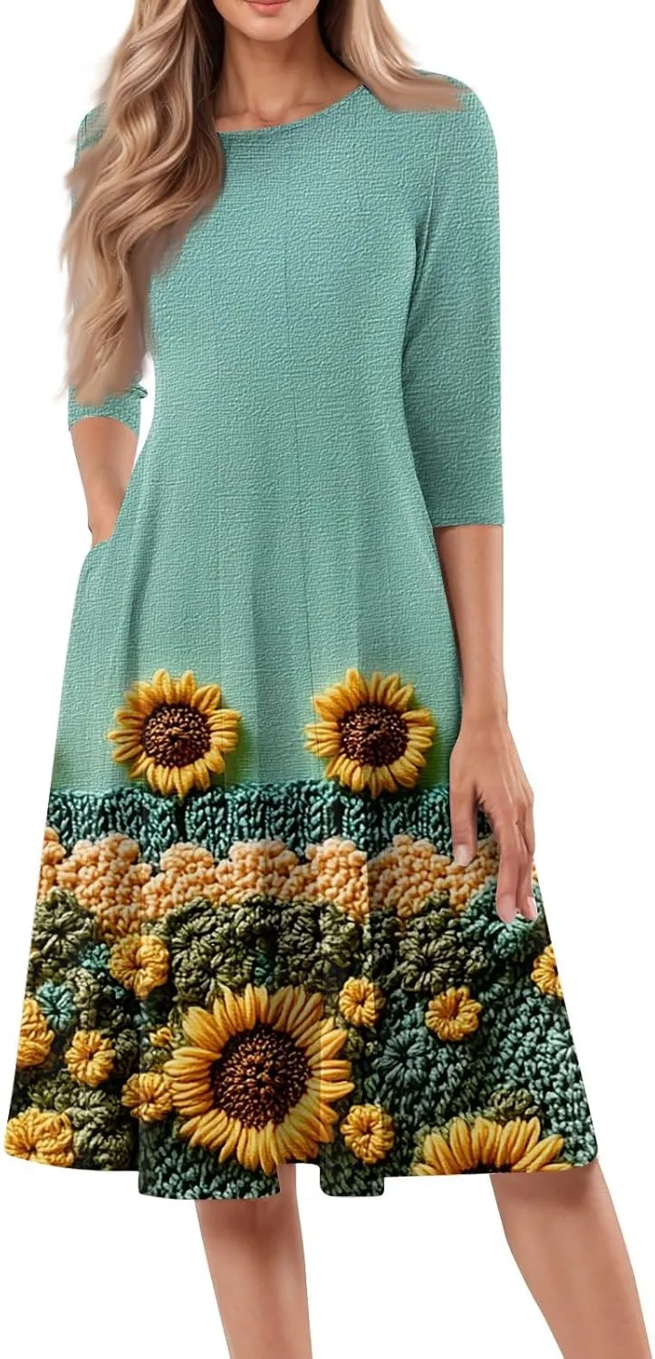 Spring Midi Dresses for Women Casual 3/4 Sleeve Dress Plus Size Cocktail Floral Dresses with Pockets