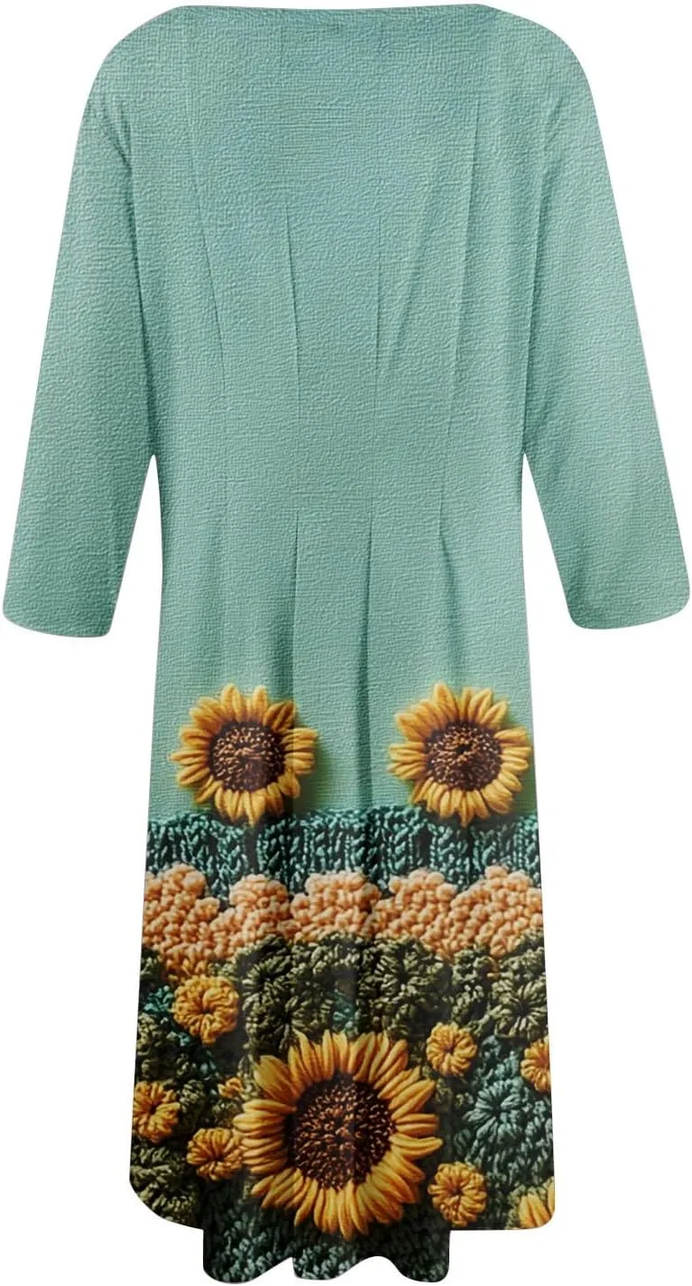 Spring Midi Dresses for Women Casual 3/4 Sleeve Dress Plus Size Cocktail Floral Dresses with Pockets