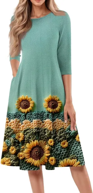 Spring Midi Dresses for Women Casual 3/4 Sleeve Dress Plus Size Cocktail Floral Dresses with Pockets
