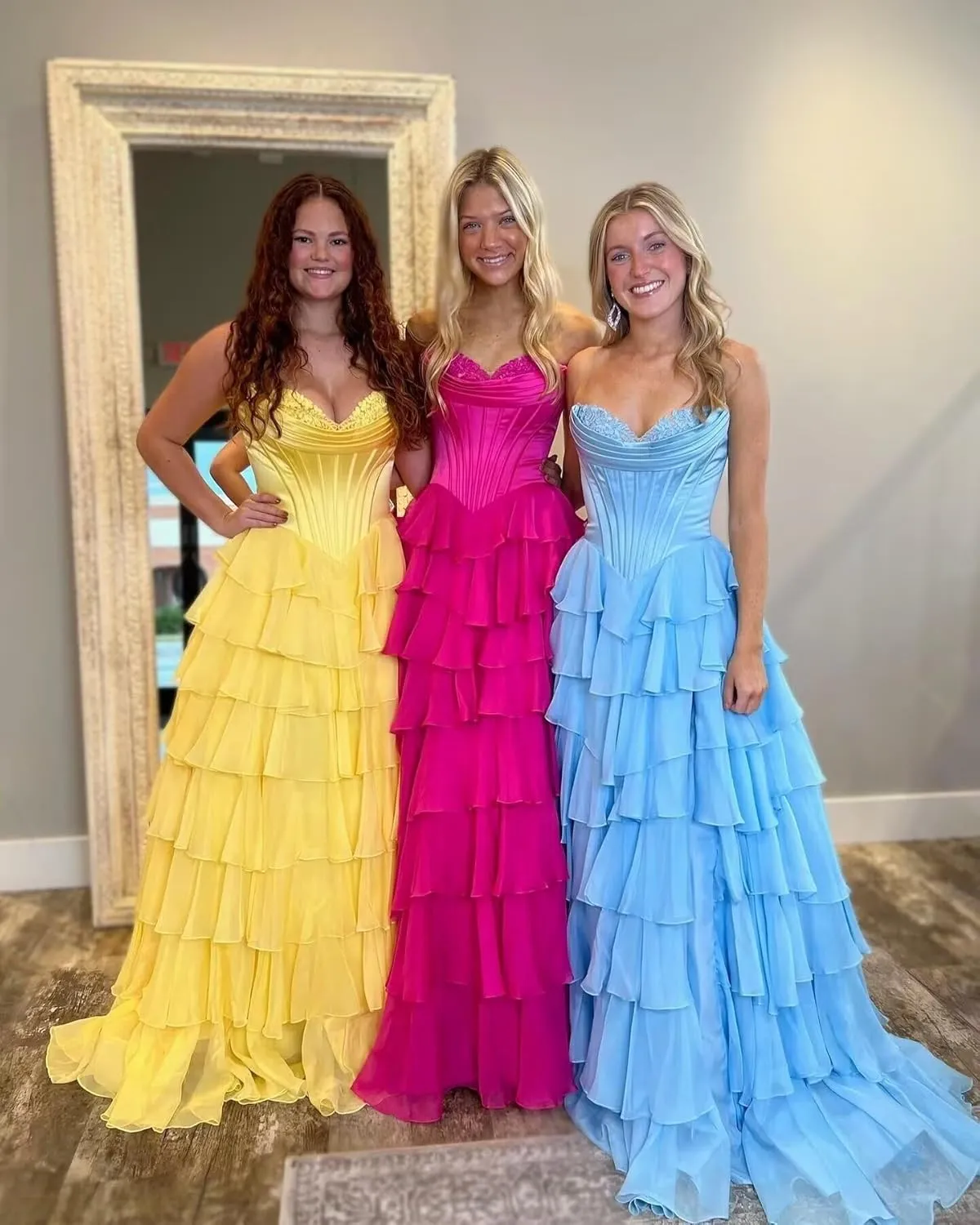 Strapless Tiered Prom Dresses for Women Chiffon Ruffle Corset Formal Evening Gowns with Slit