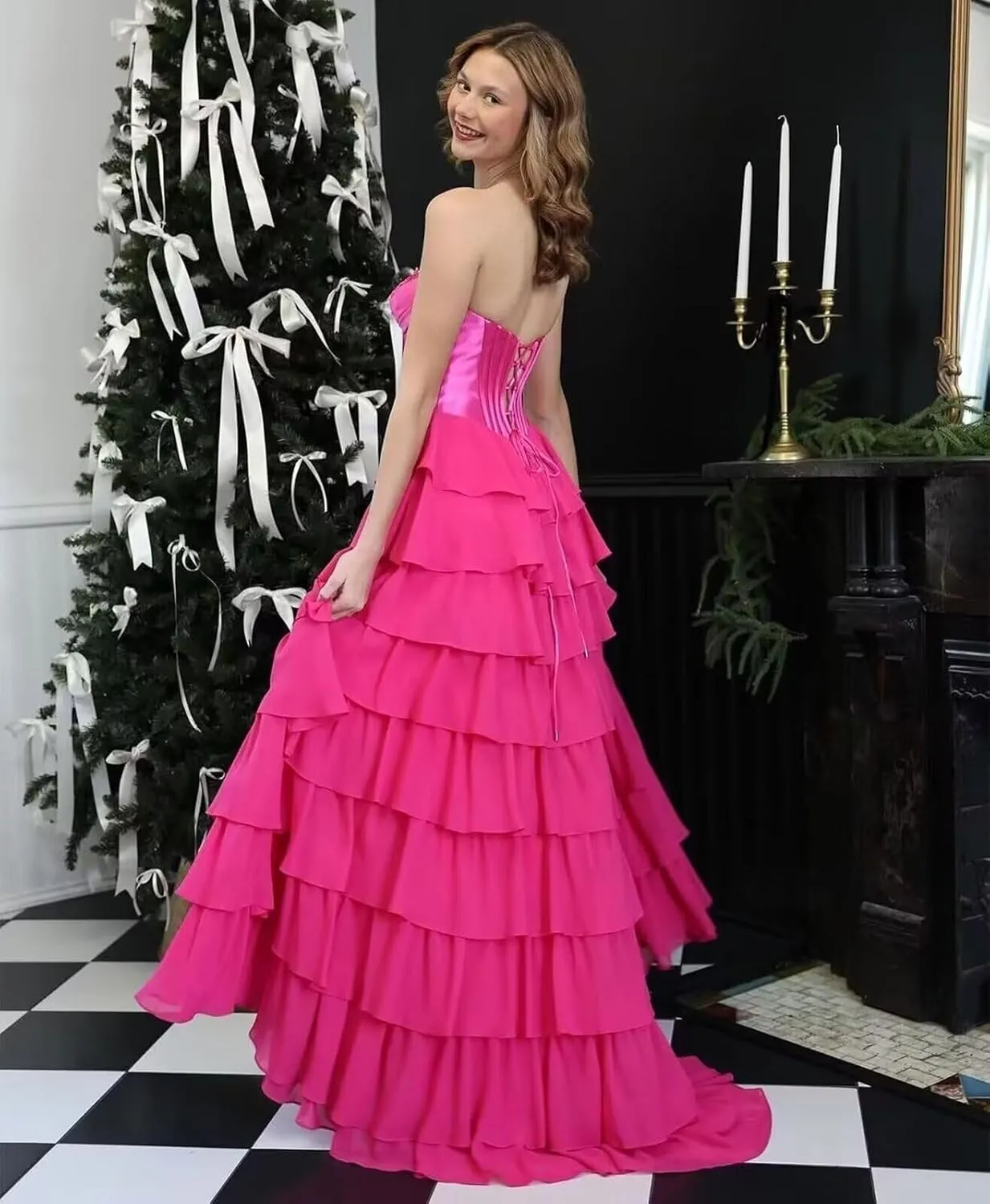 Strapless Tiered Prom Dresses for Women Chiffon Ruffle Corset Formal Evening Gowns with Slit