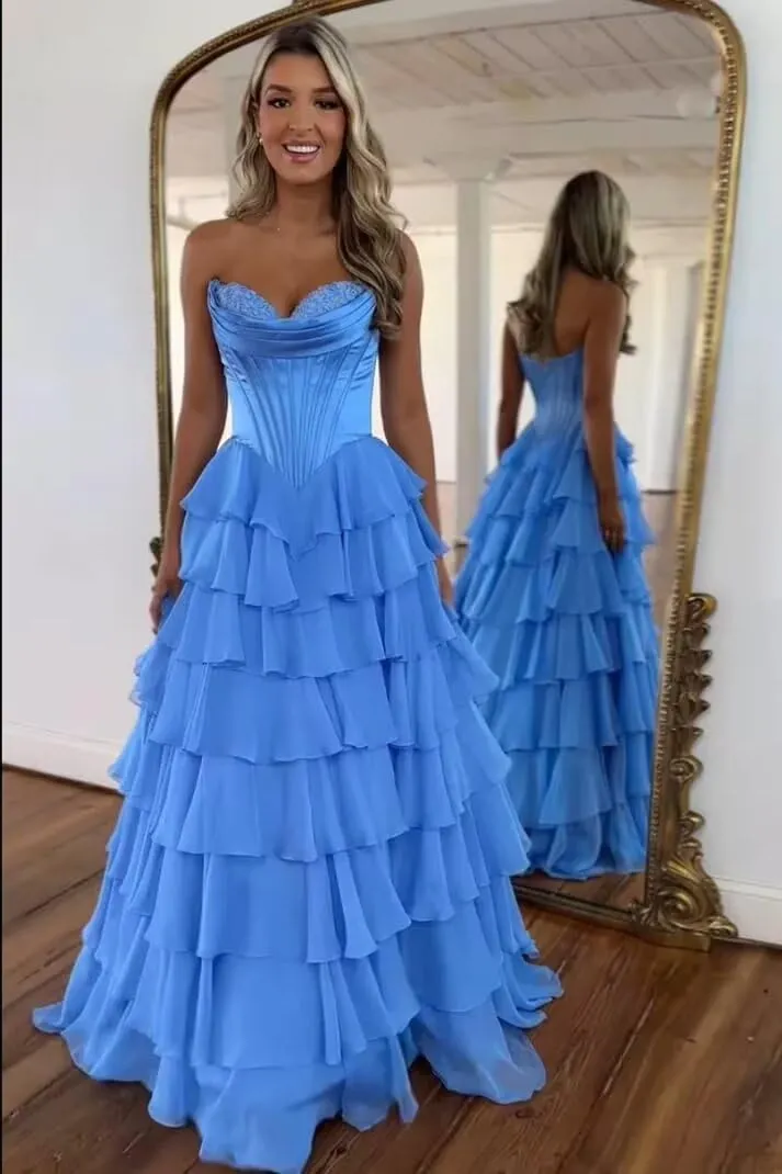 Strapless Tiered Prom Dresses for Women Chiffon Ruffle Corset Formal Evening Gowns with Slit