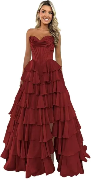 Strapless Tiered Prom Dresses for Women Chiffon Ruffle Corset Formal Evening Gowns with Slit