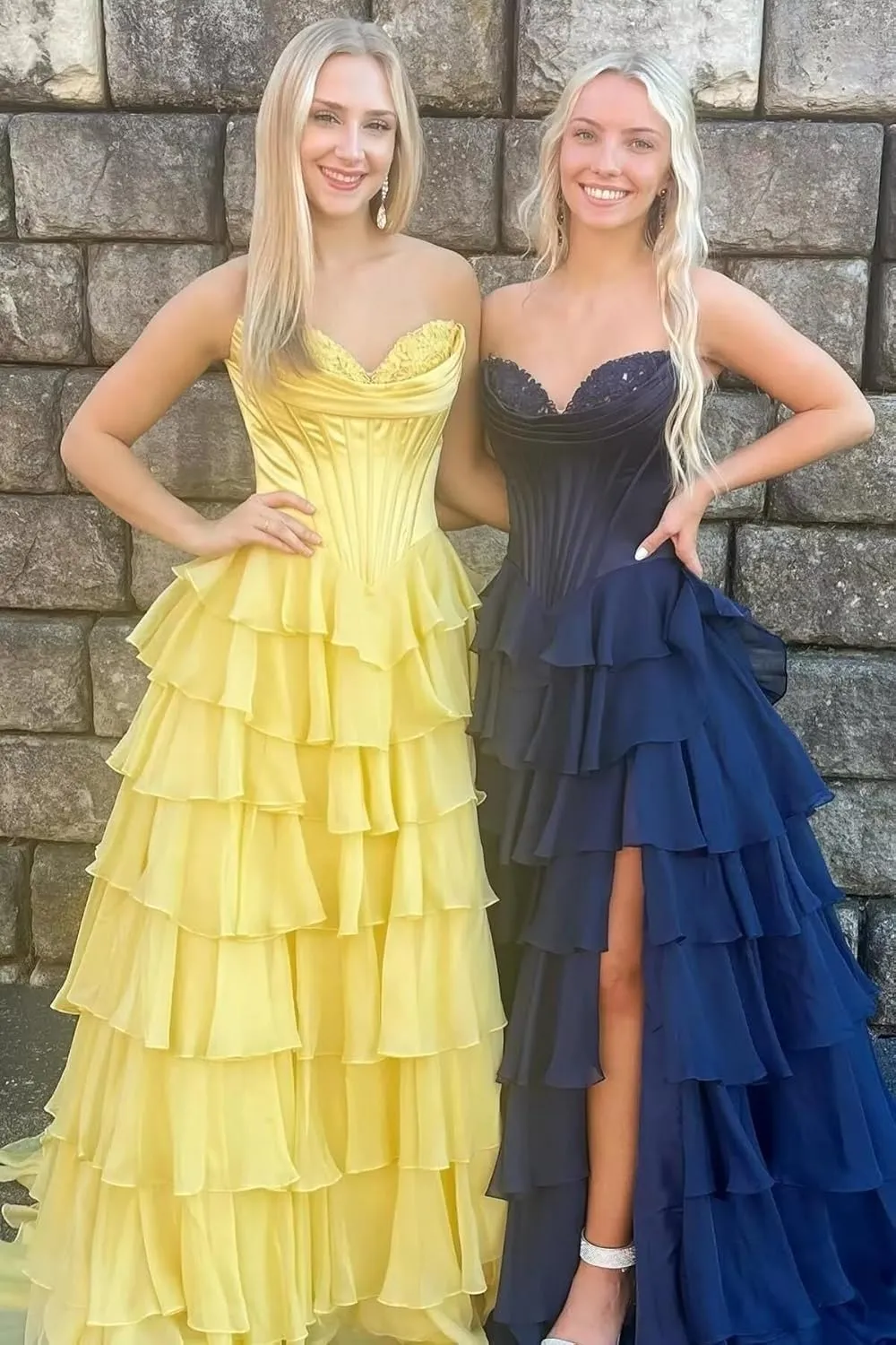 Strapless Tiered Prom Dresses for Women Chiffon Ruffle Corset Formal Evening Gowns with Slit