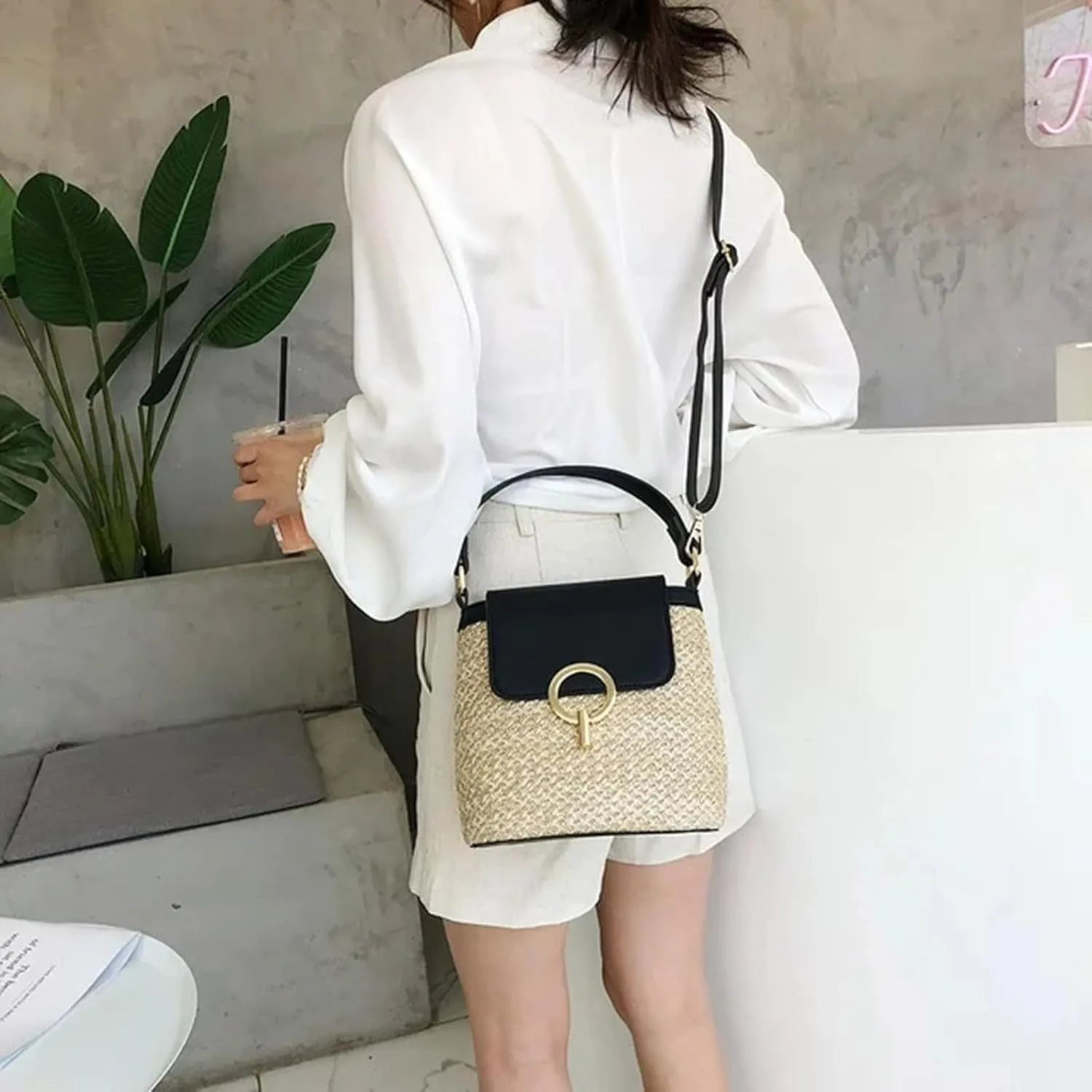 Straw Weave Women Ladies Bucket Handbags Summer Beach Shoulder Bags Canvas Denim Messenger Bag (A, One Size)
