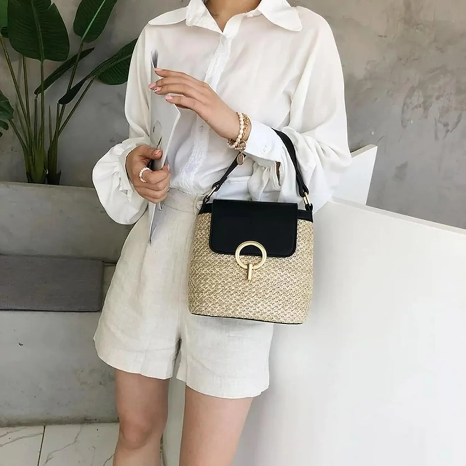 Straw Weave Women Ladies Bucket Handbags Summer Beach Shoulder Bags Canvas Denim Messenger Bag (A, One Size)