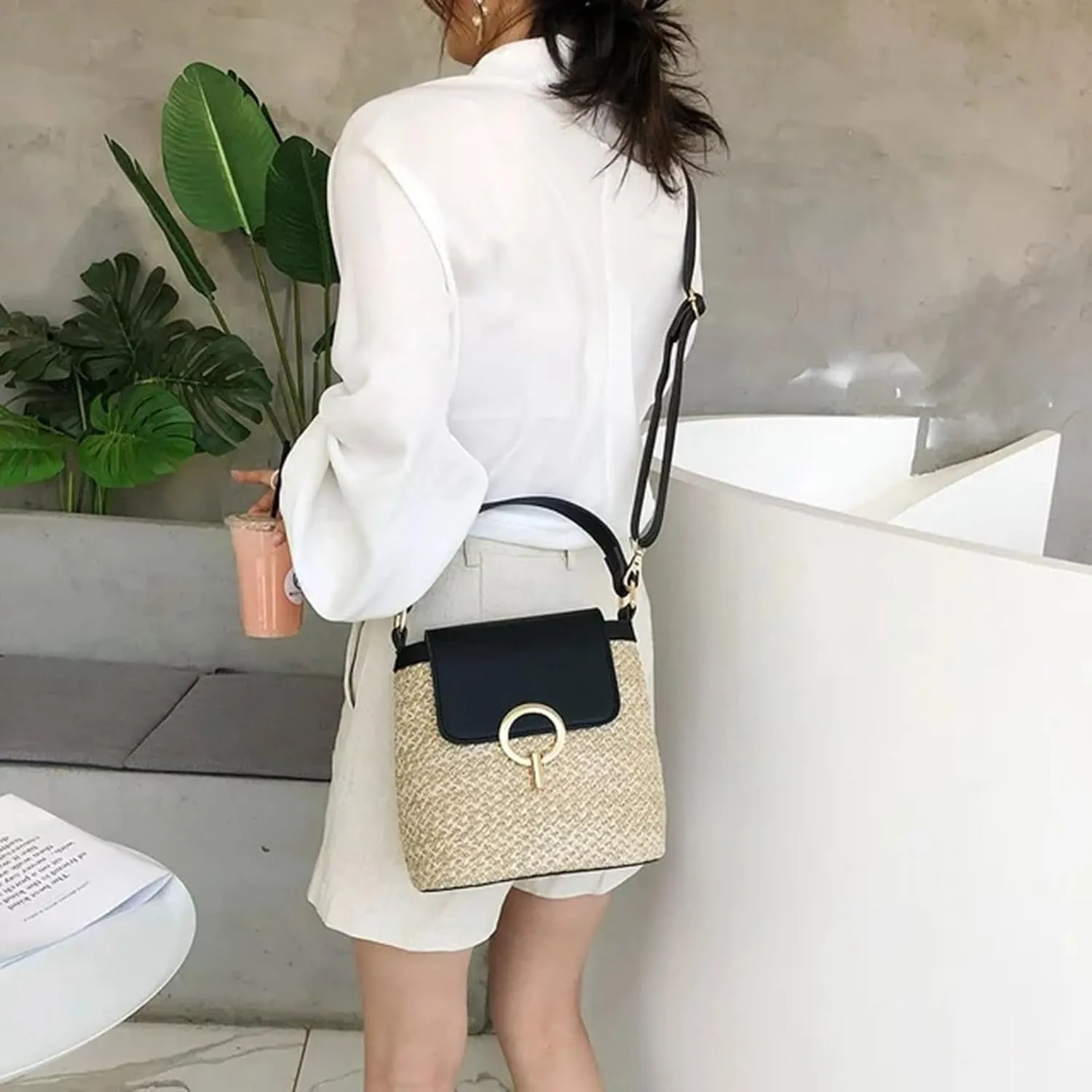 Straw Weave Women Ladies Bucket Handbags Summer Beach Shoulder Bags Canvas Denim Messenger Bag (A, One Size)