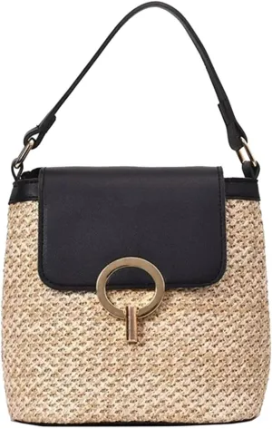 Straw Weave Women Ladies Bucket Handbags Summer Beach Shoulder Bags Canvas Denim Messenger Bag (A, One Size)