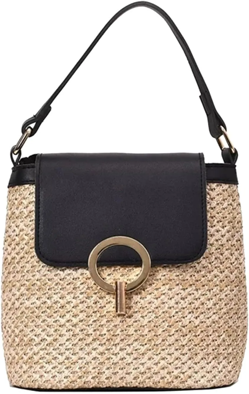 Straw Weave Women Ladies Bucket Handbags Summer Beach Shoulder Bags Canvas Denim Messenger Bag (A, One Size)