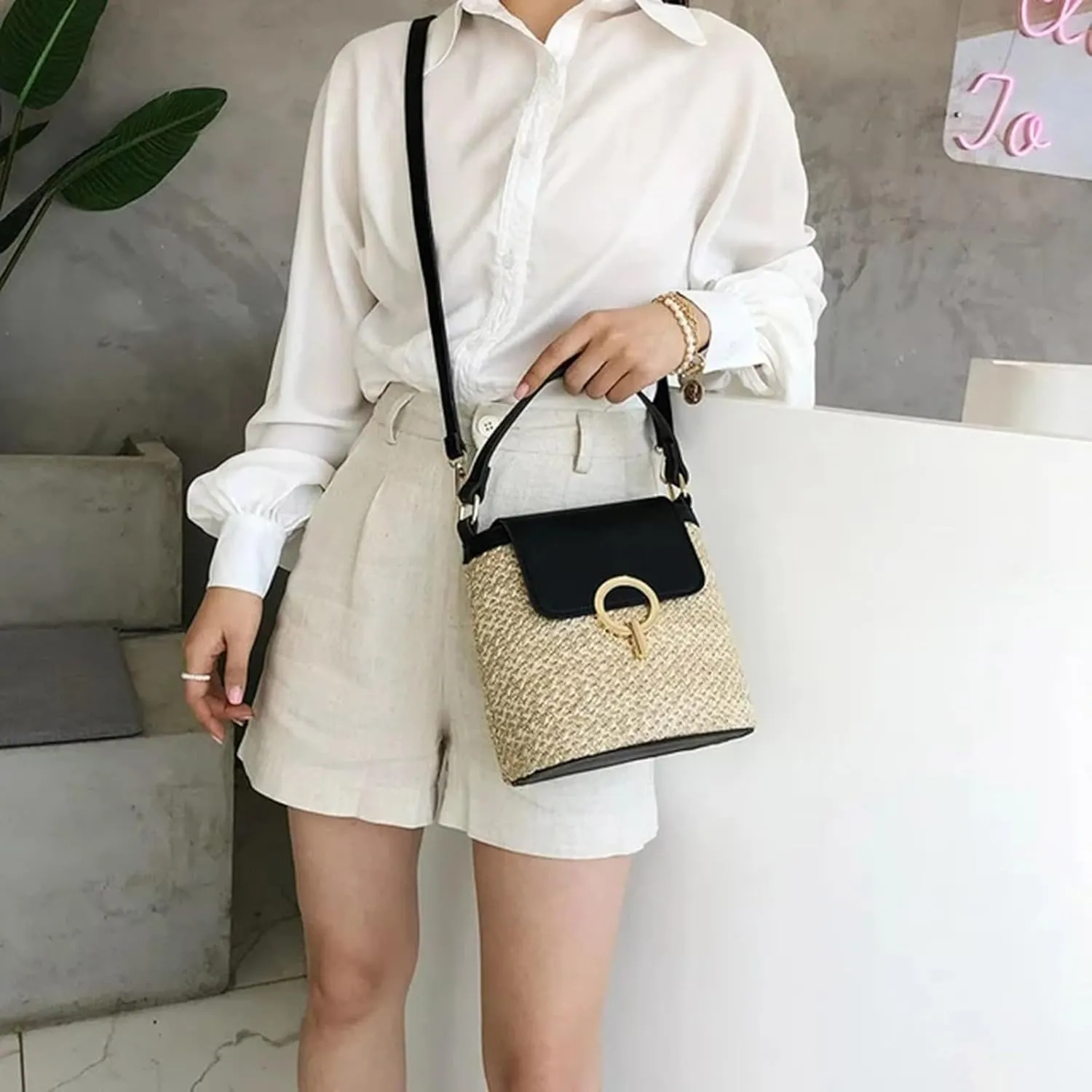 Straw Weave Women Ladies Bucket Handbags Summer Beach Shoulder Bags Canvas Denim Messenger Bag (A, One Size)