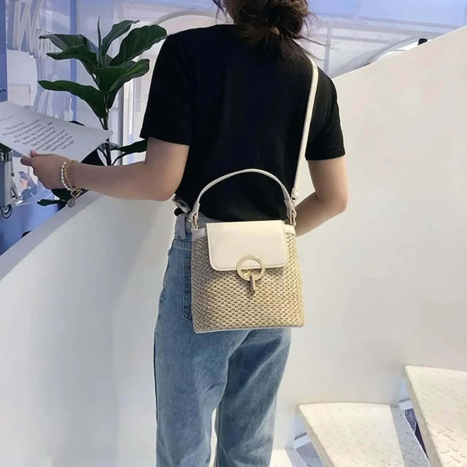 Straw Weave Women Ladies Bucket Handbags Summer Beach Shoulder Bags Mini Messenger Bag for s Canvas (B, One Size)