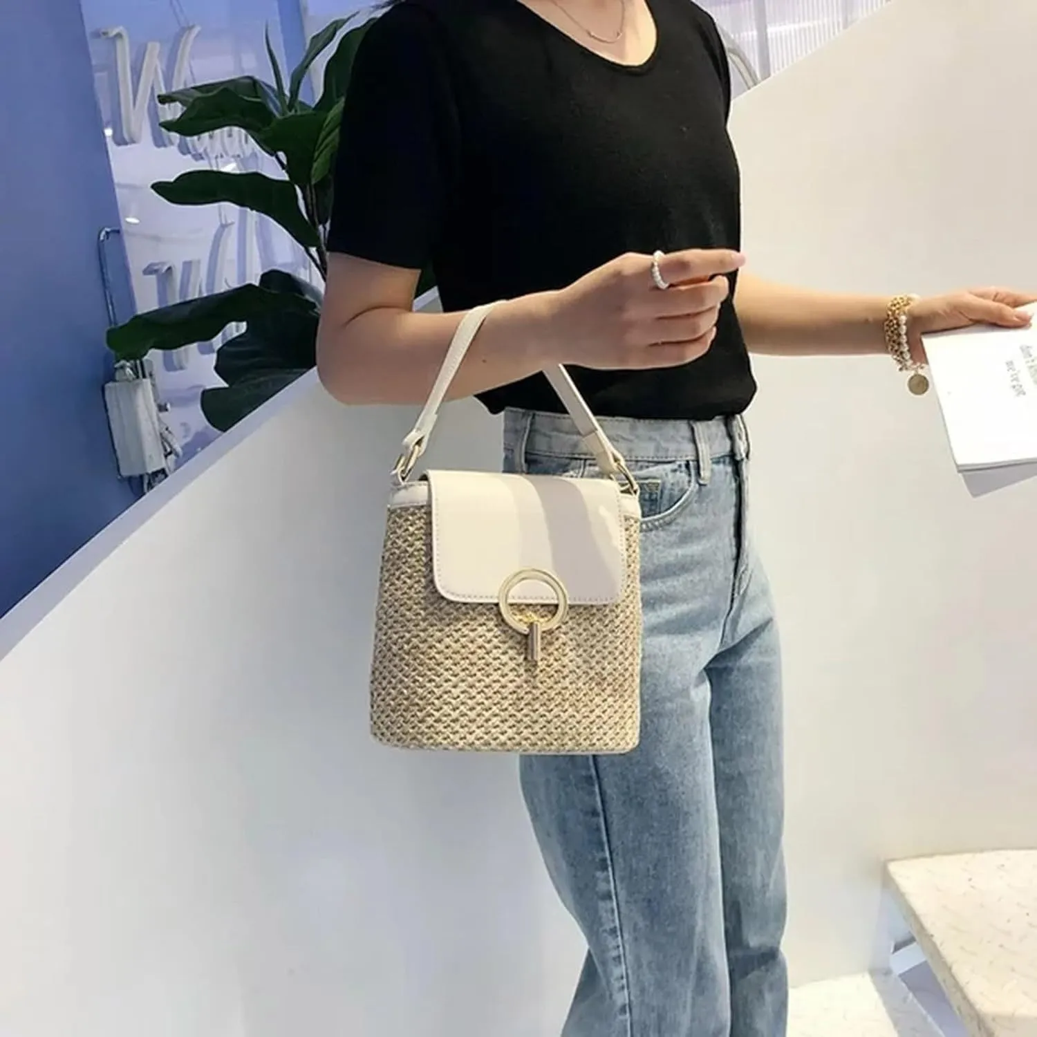 Straw Weave Women Ladies Bucket Handbags Summer Beach Shoulder Bags Mini Messenger Bag for s Canvas (B, One Size)