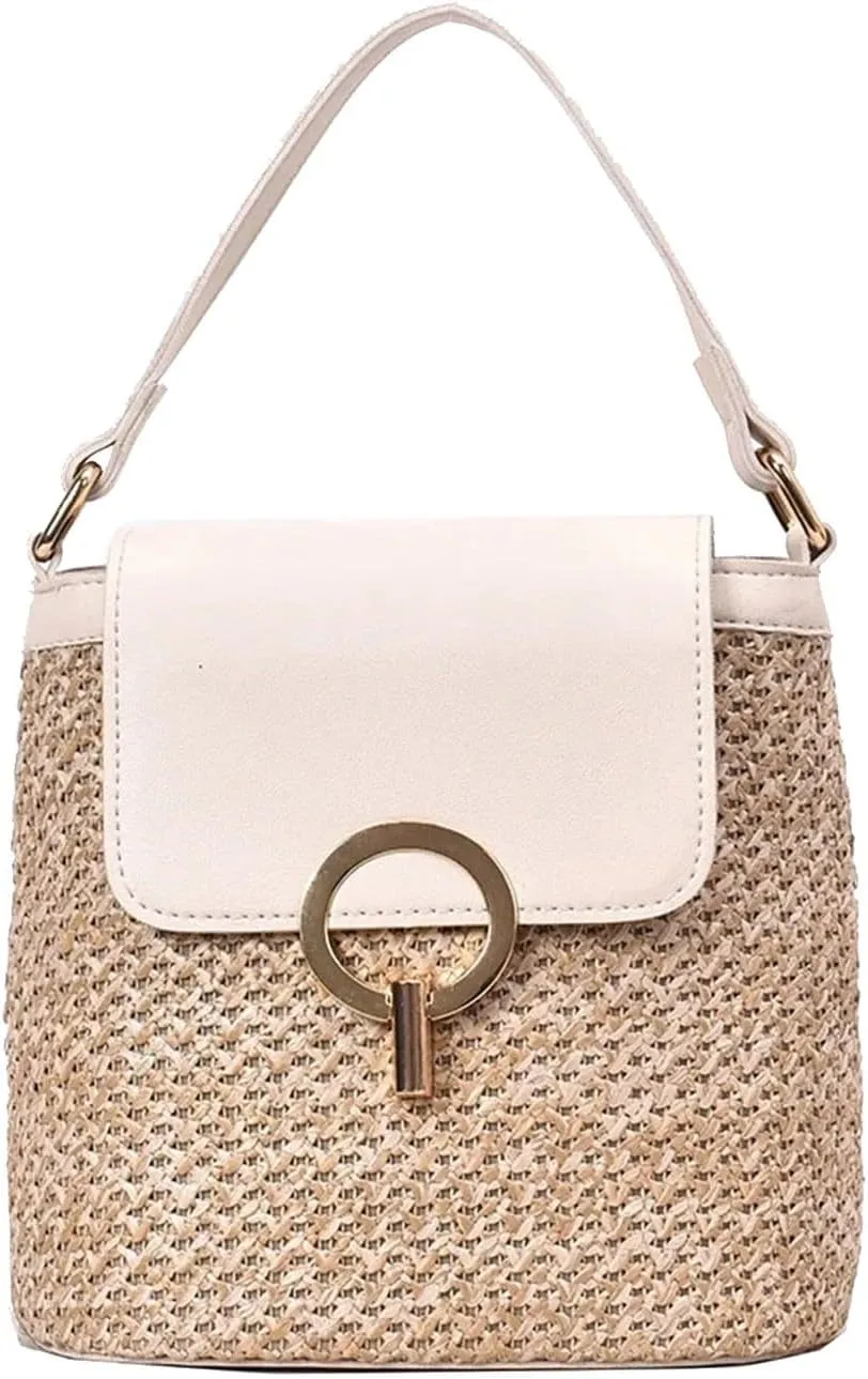 Straw Weave Women Ladies Bucket Handbags Summer Beach Shoulder Bags Mini Messenger Bag for s Canvas (B, One Size)