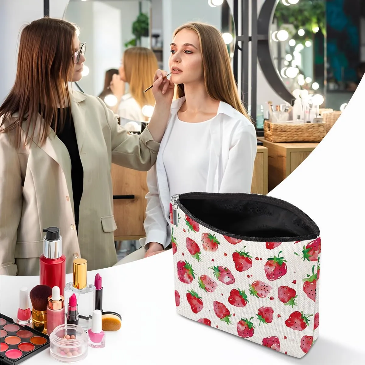 Strawberry Gifts, Watercolor Strawberries Makeup Bag, Strawberry Stuff Cosmetic Bag Fruit Travel Pouch, Fruit Lovers Gift for Women Girls Daughter Sisters Coworker Graduation Birthday Gifts