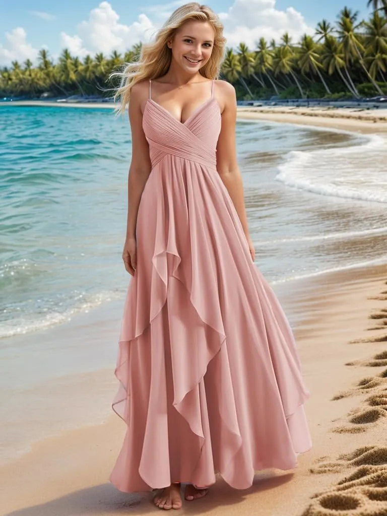 Sukleet Women's Spaghetti Strap Bridesmaid Dresses for Wedding V Neck Chiffon Ruched Long Formal Dress