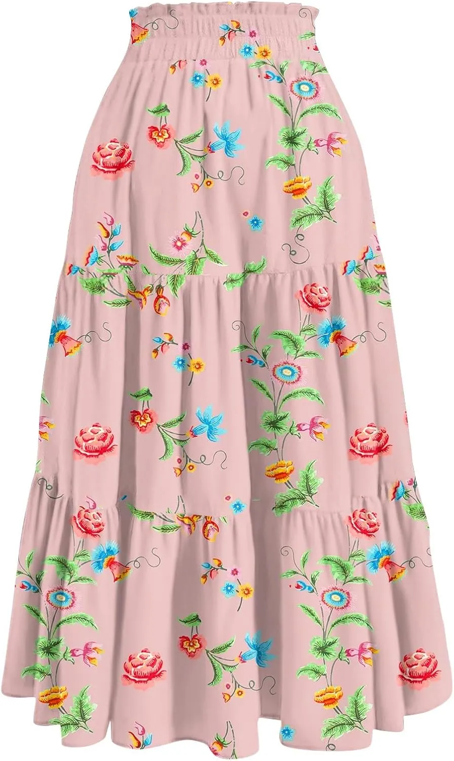 Summer Boho Maxi Skirt Floral Casual Drawstring Elastic High Waist Long Skirts A Line Pleated Tiered Going Out Skirts