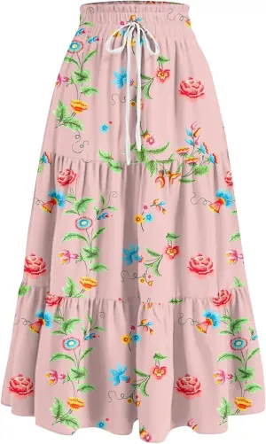 Summer Boho Maxi Skirt Floral Casual Drawstring Elastic High Waist Long Skirts A Line Pleated Tiered Going Out Skirts