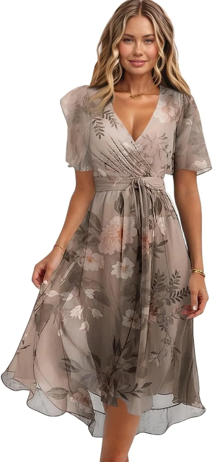 Summer Dresses for Women 2025 Trendy Floral Ruffle Sleeve Midi Dress Elegant V Neck Wrap Tie Waist Overlay Mesh Sundresses