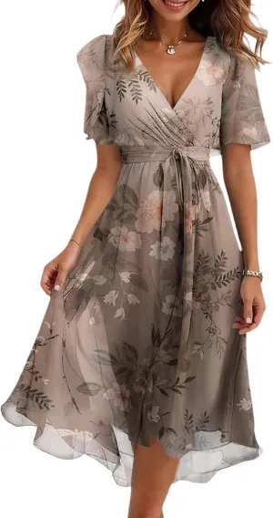 Summer Dresses for Women 2025 Trendy Floral Ruffle Sleeve Midi Dress Elegant V Neck Wrap Tie Waist Overlay Mesh Sundresses
