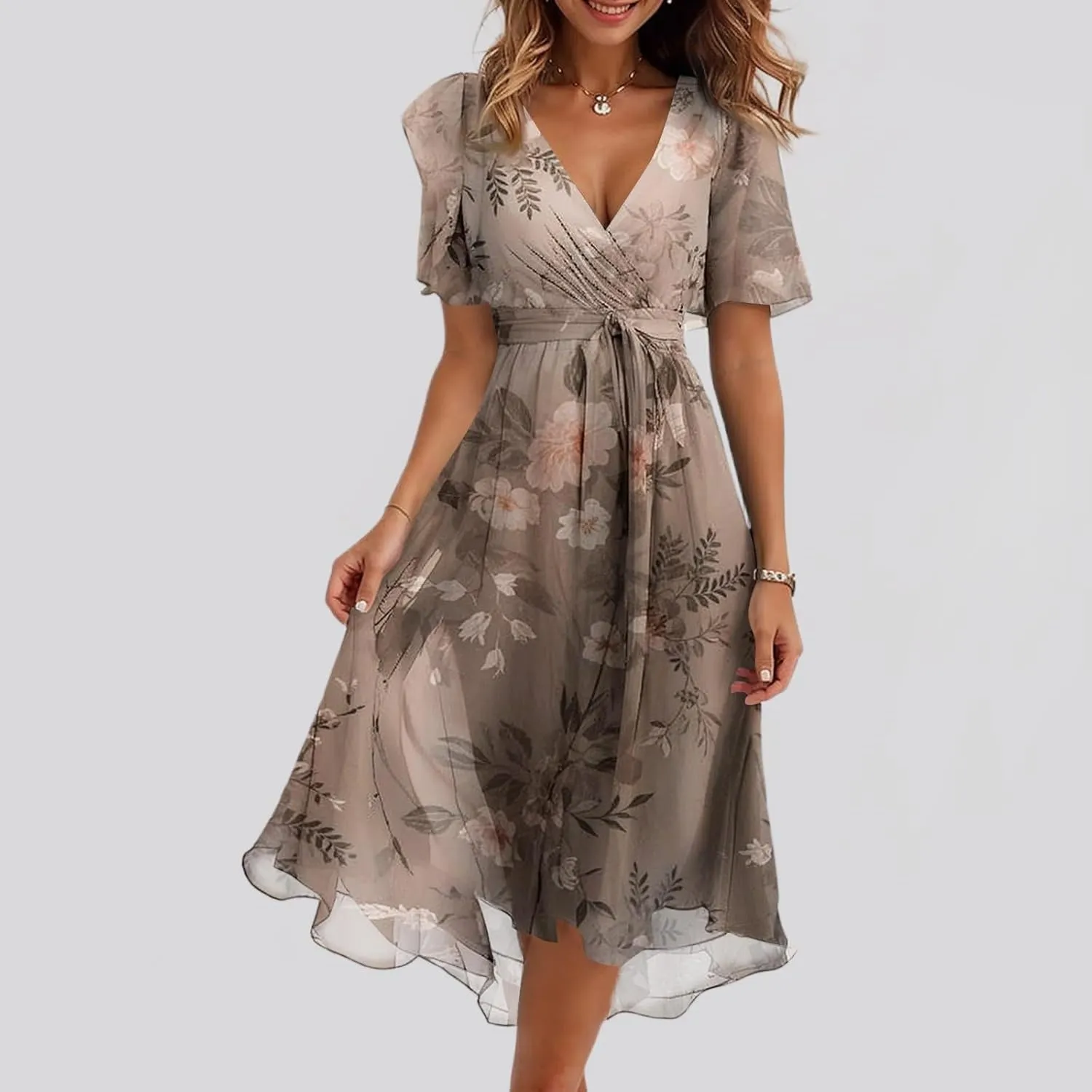 Summer Dresses for Women 2025 Trendy Floral Ruffle Sleeve Midi Dress Elegant V Neck Wrap Tie Waist Overlay Mesh Sundresses
