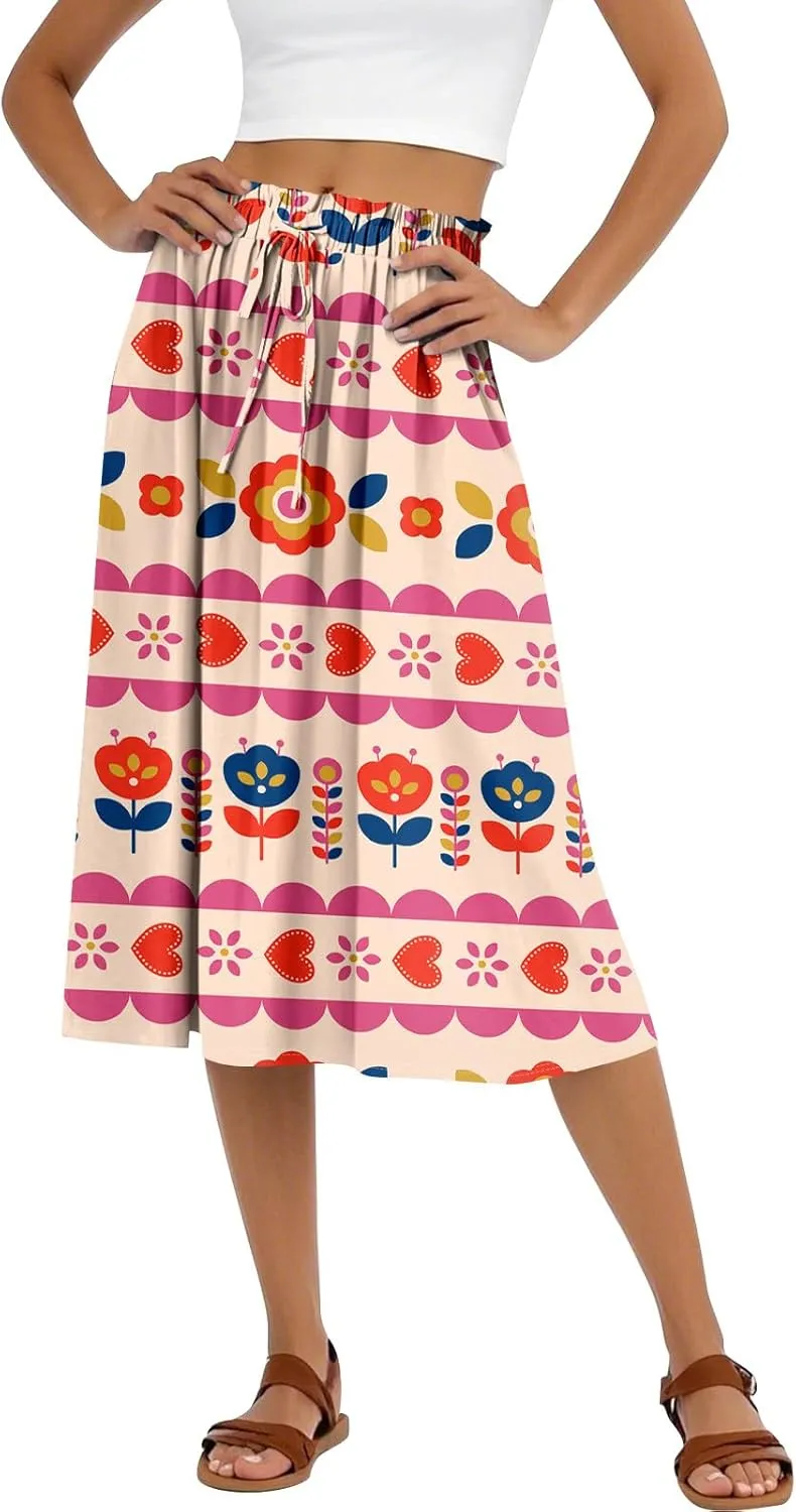 Summer Skirt for Women Midi Wrap Skirt Drawstring High Waist Knee Length Skirts A Line Floral Graphic Bohemian Skirt