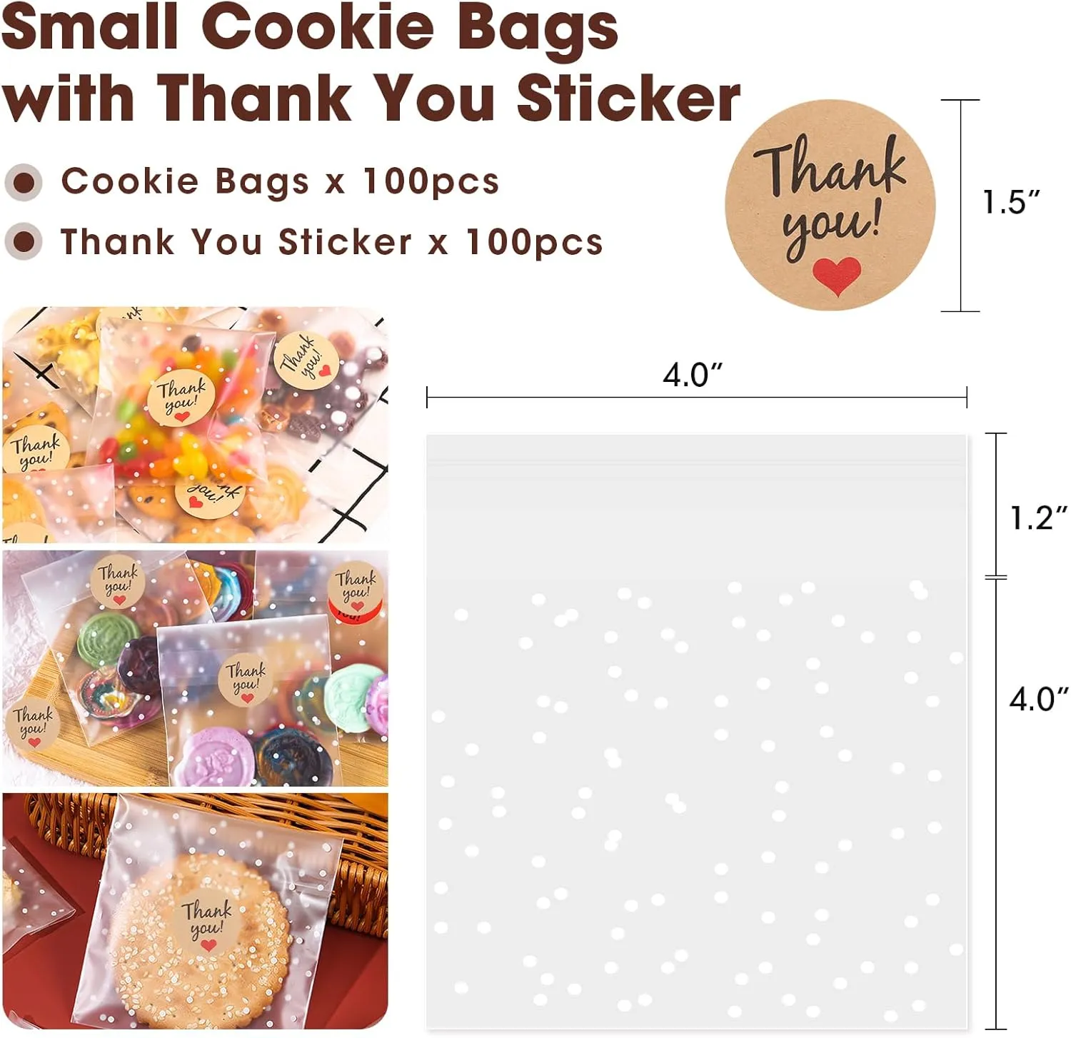 SUREHOME Cookie Bags with Seal 100 Pack 4x4 In Self Sealing Cellophane Bags with Thank You Stickers Self Adhesive Clear Treat Bag for Cookie Packaging Small Gift Candy Gift Giving Individual Wrappers