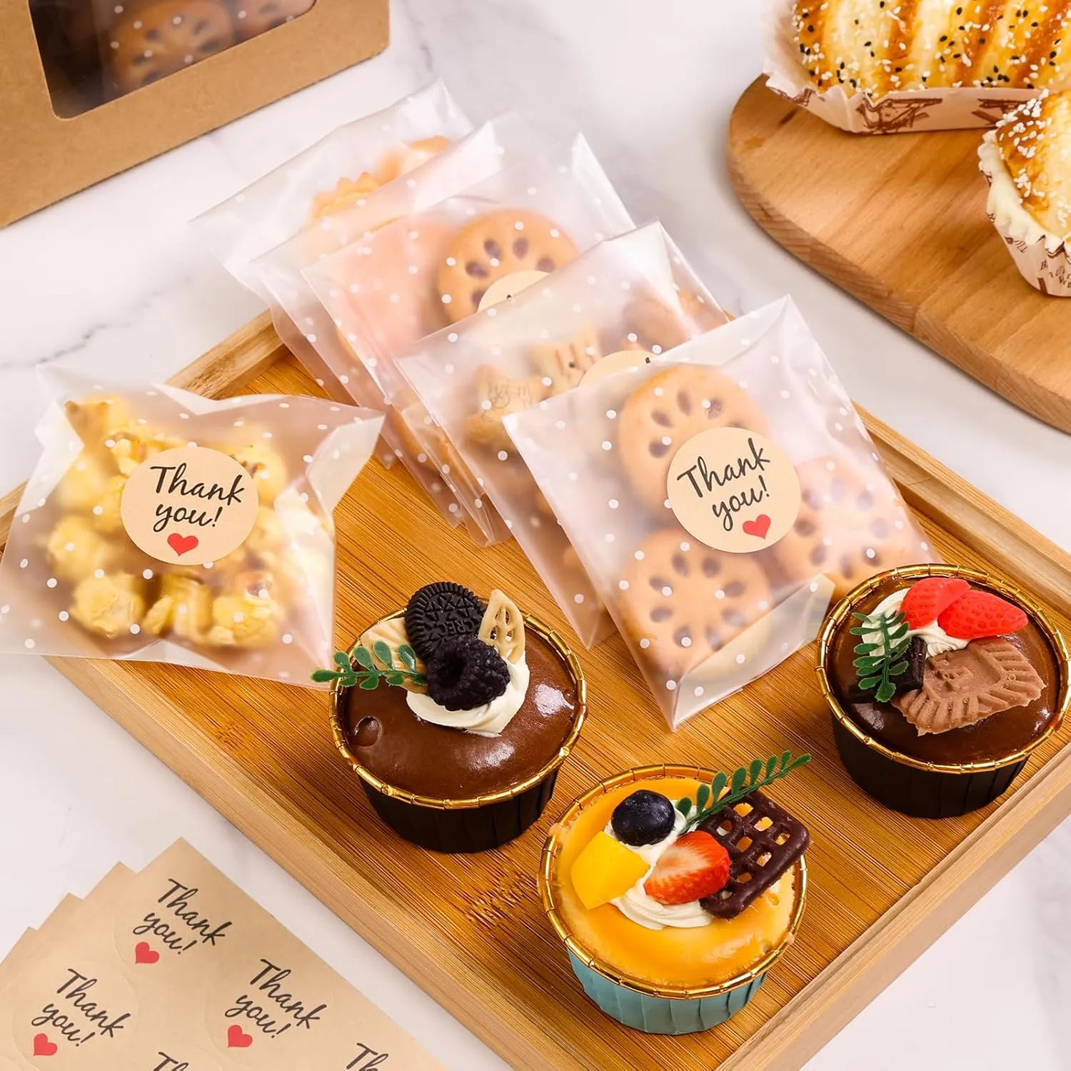SUREHOME Cookie Bags with Seal 100 Pack 4x4 In Self Sealing Cellophane Bags with Thank You Stickers Self Adhesive Clear Treat Bag for Cookie Packaging Small Gift Candy Gift Giving Individual Wrappers