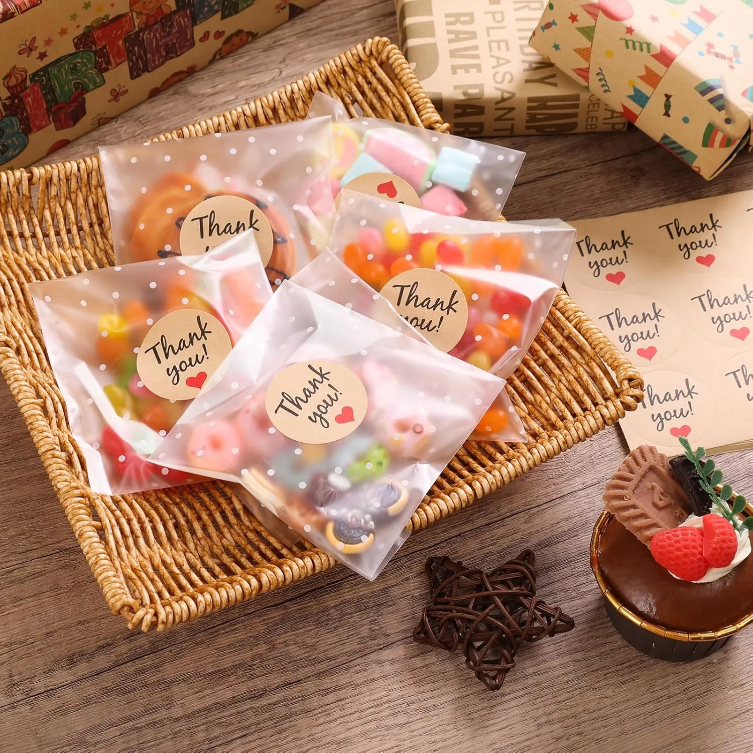 SUREHOME Cookie Bags with Seal 100 Pack 4x4 In Self Sealing Cellophane Bags with Thank You Stickers Self Adhesive Clear Treat Bag for Cookie Packaging Small Gift Candy Gift Giving Individual Wrappers