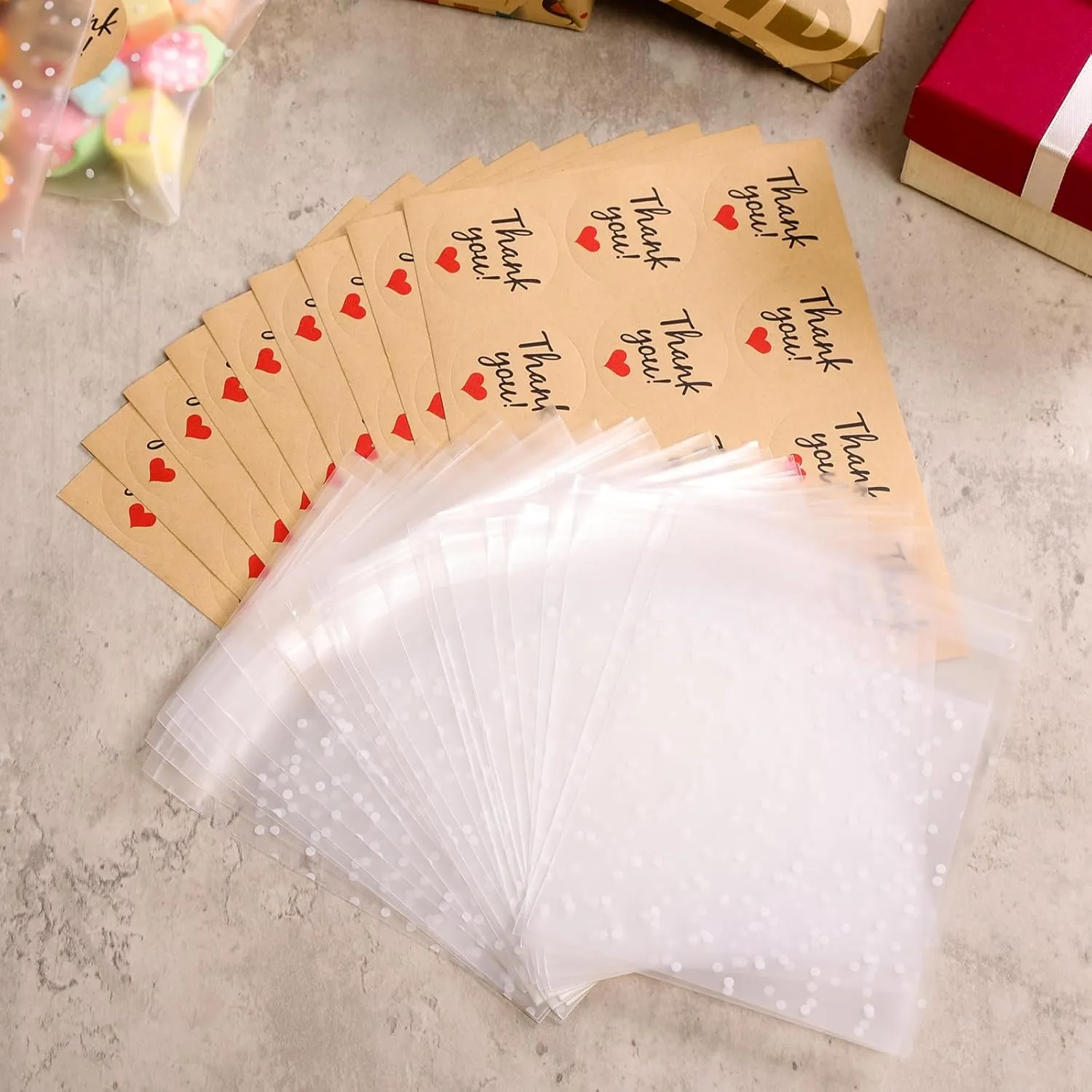 SUREHOME Cookie Bags with Seal 100 Pack 4x4 In Self Sealing Cellophane Bags with Thank You Stickers Self Adhesive Clear Treat Bag for Cookie Packaging Small Gift Candy Gift Giving Individual Wrappers