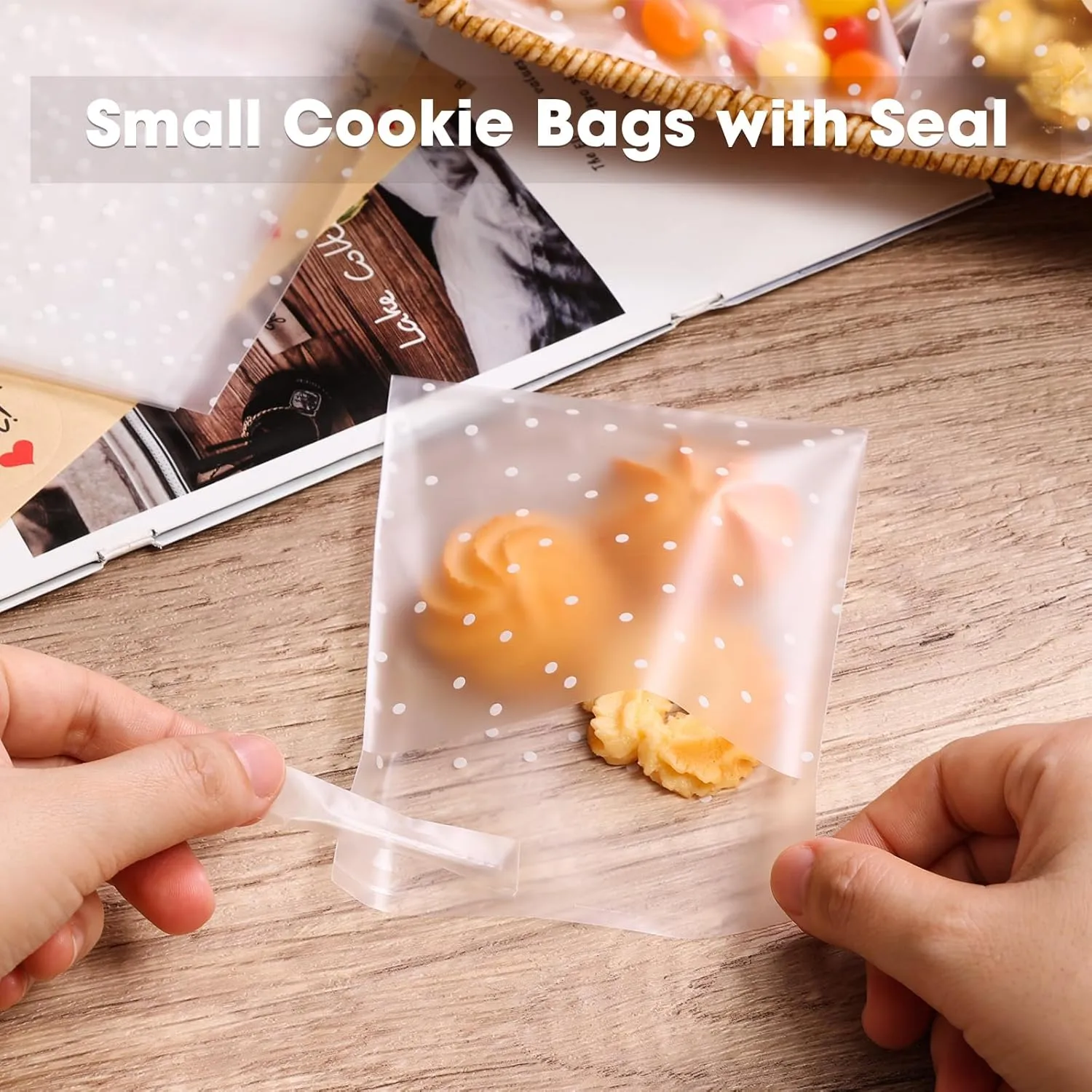SUREHOME Cookie Bags with Seal 100 Pack 4x4 In Self Sealing Cellophane Bags with Thank You Stickers Self Adhesive Clear Treat Bag for Cookie Packaging Small Gift Candy Gift Giving Individual Wrappers