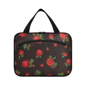 susiyo Red Rose Floral on Black Toiletry Bags with Hanging Hook Foldable Cosmetic Bag Travel Accessories - Medium